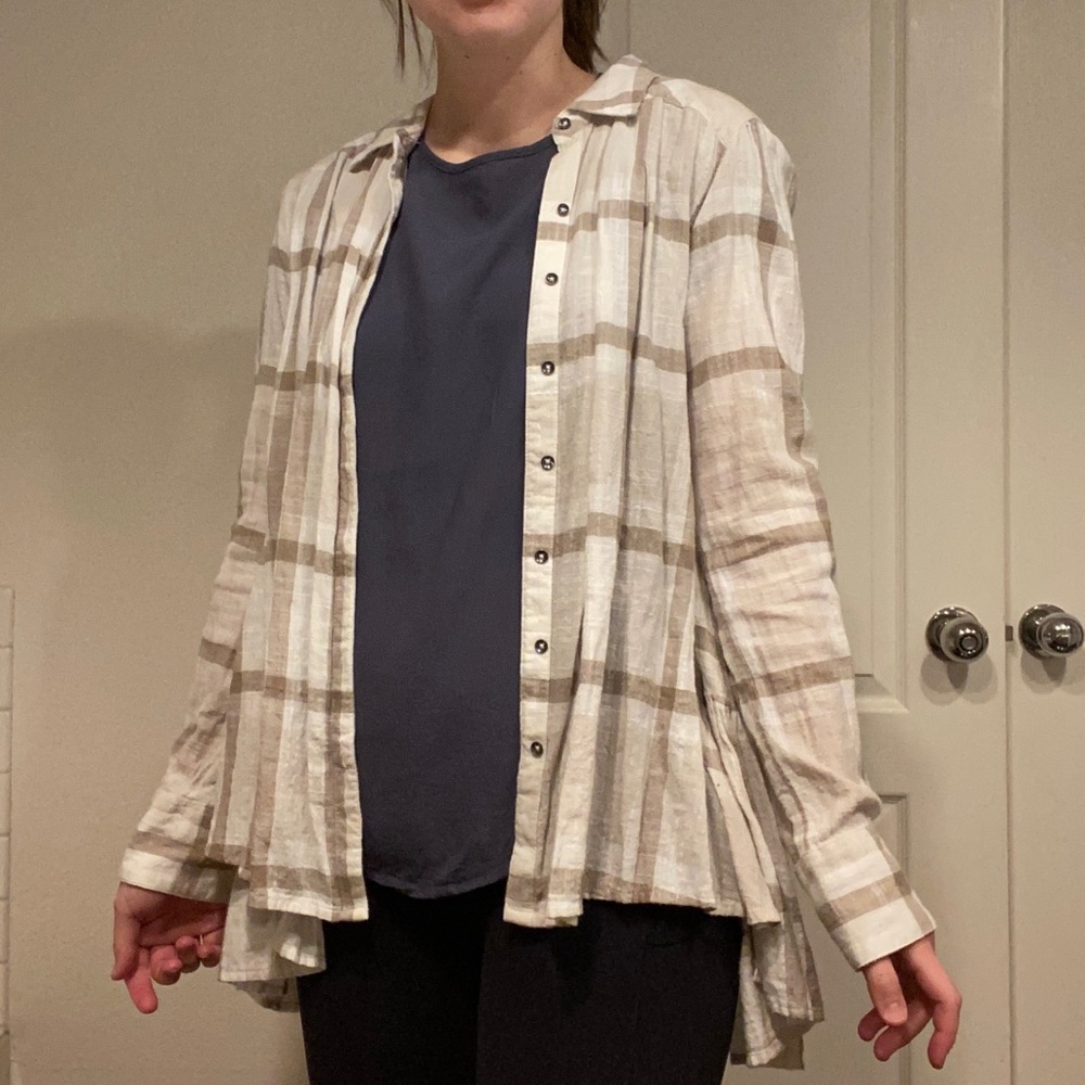 Free People Tan and White Plaid Cardigan
